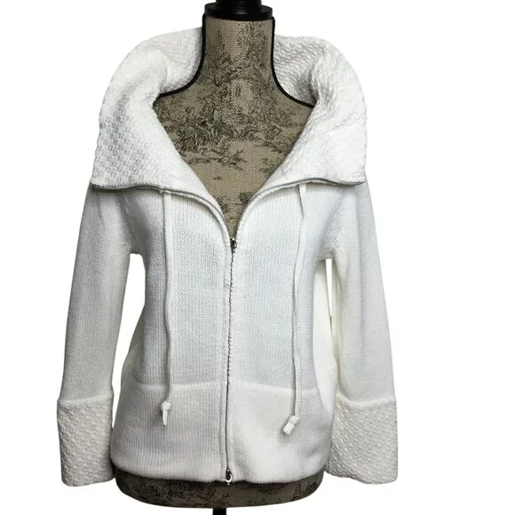 WHBM White Textured Knit Zip Sweater M Quiet Luxury Cozy Capsule Neutral Chic - Picture 1 of 7
